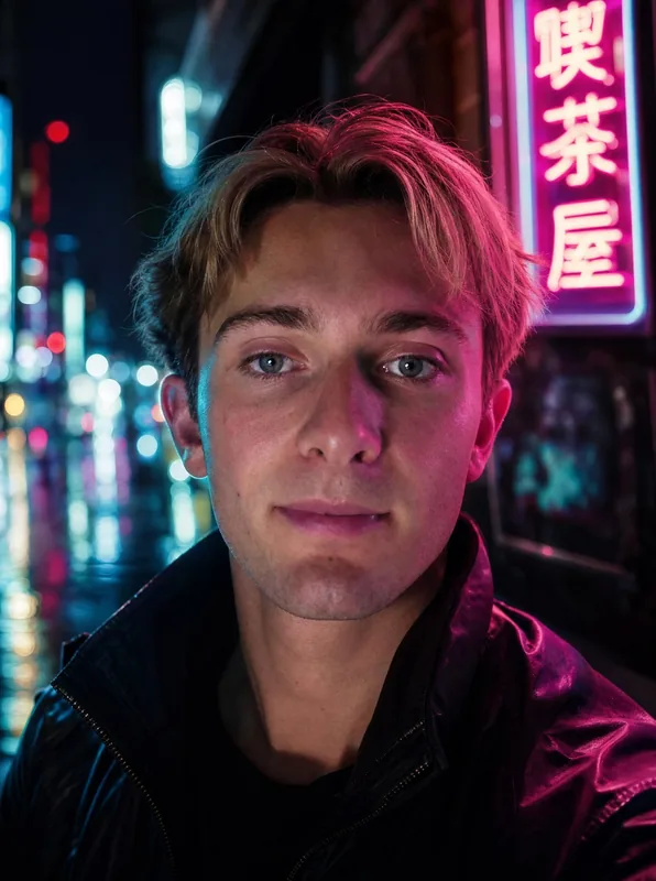 Macenta ve camgöbeği neon tabelalarla aydınlatılmış neon-noir portre