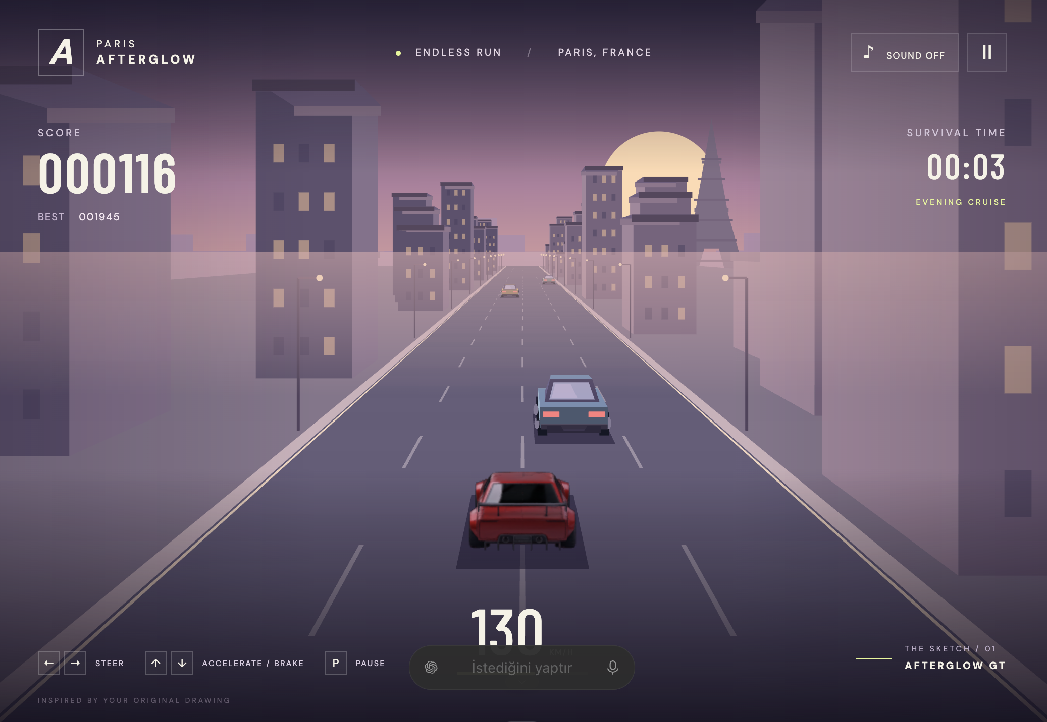 Oluşturulan 3D araba modelinden yapılan arcade yarış oyunu — Paris Afterglow